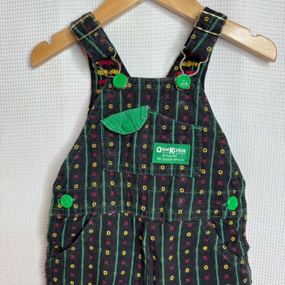 Vintage OshKosh B'gosh Overalls Size 12M USA Made Plaid Aztec Black Green XO